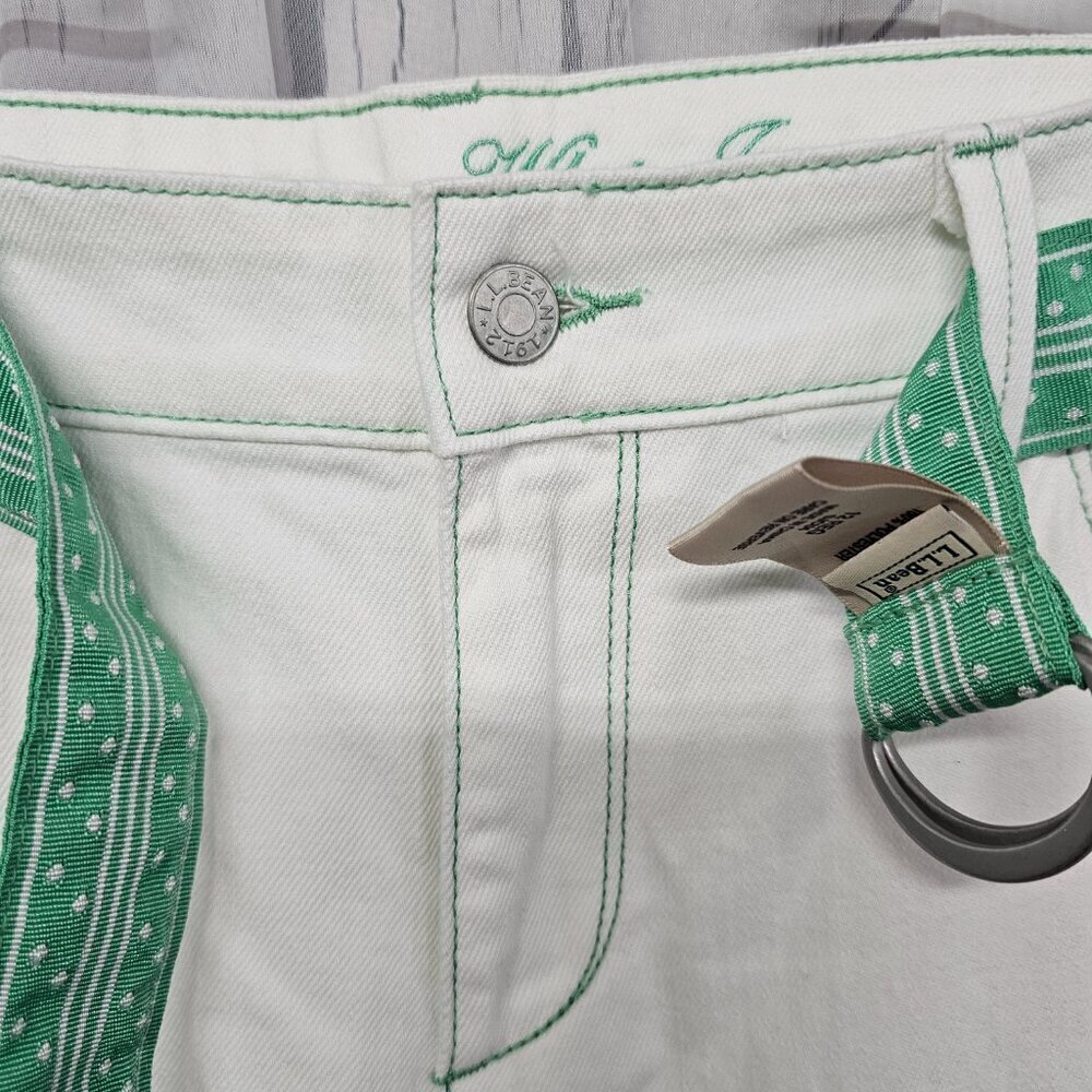 L.L. Bean White Jean Green Preppy Boot Cut Belted Cotton Jeans Size 12 - Picture 3 of 15
